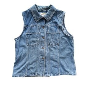 Eddie Bauer Womens Denim Vest Medium Wash Cotton Button Up Cinch Back Large
